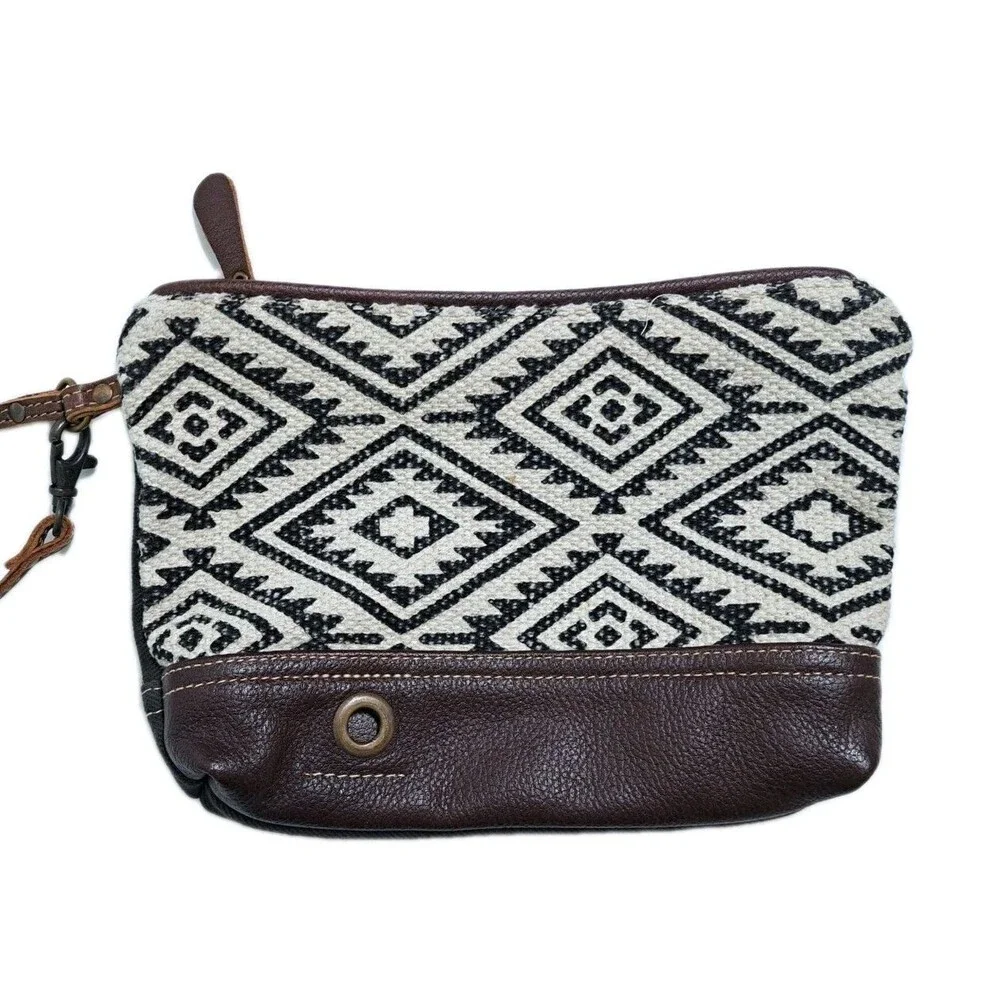 Myra Bag Clutch Wristlet Southwest Canvas Leather Pouch Bag Purse Brown Gray